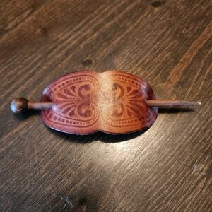 💐2/$25 Brown Leather Hair Clip with Wooden Stick